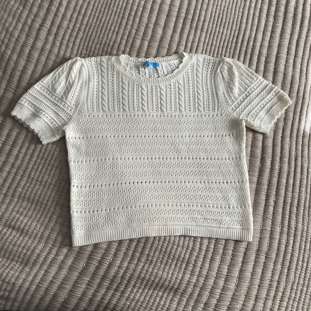 Draper James- crochet knit top scallop edge cotton blend Short Sleeve Cream L
